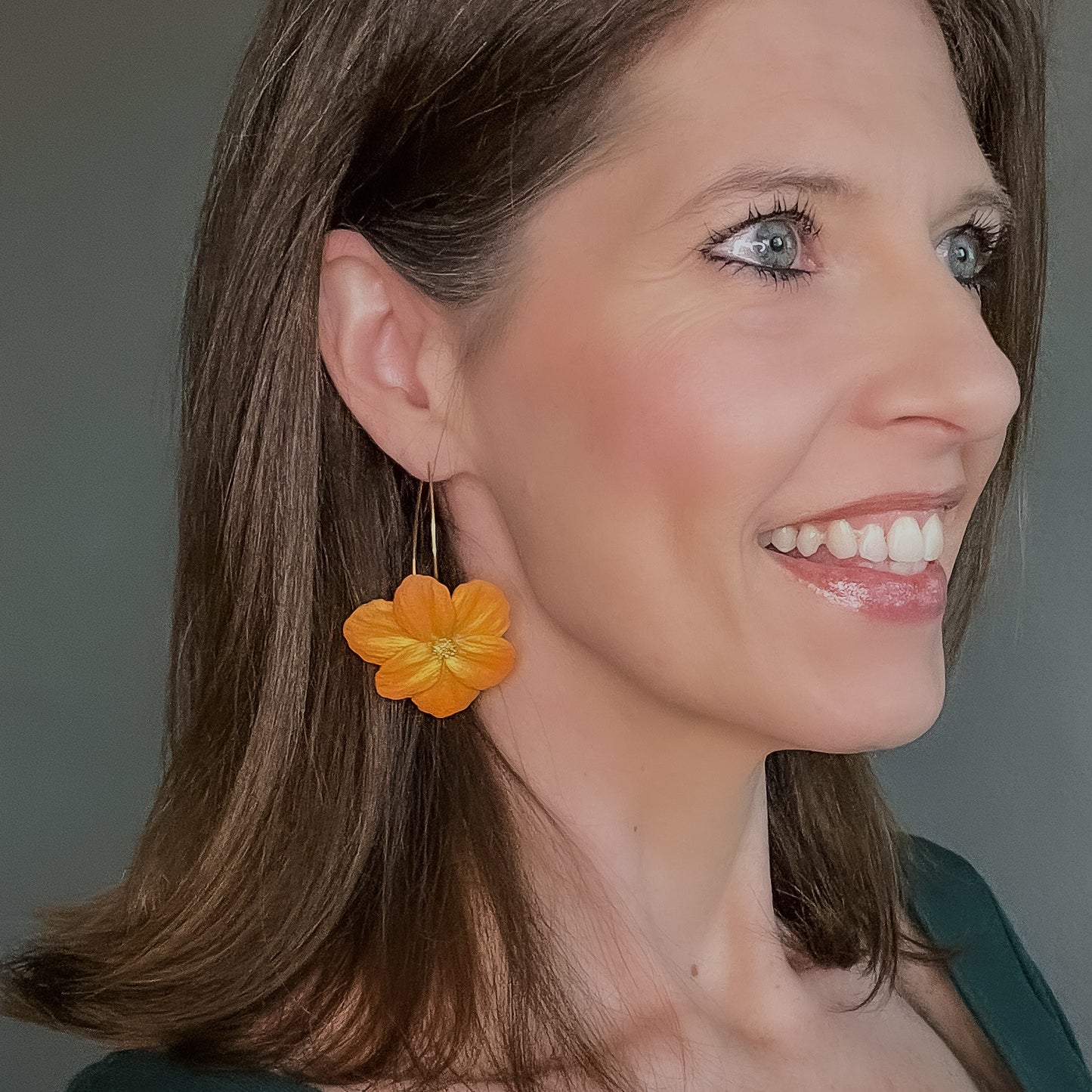 Shimmery Blended Large Orange and Gold Flower Earring