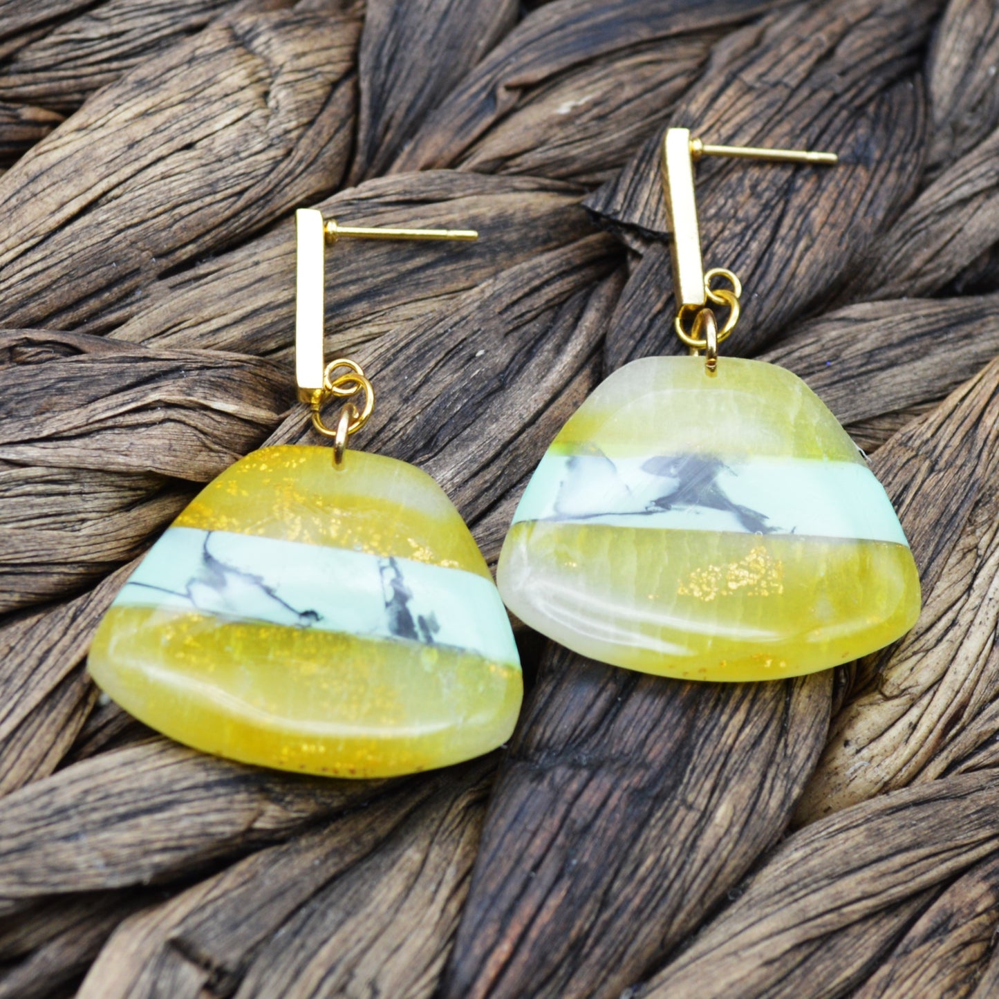 Medium Sized Mint, Gold, and Yellow Dangle Earrings