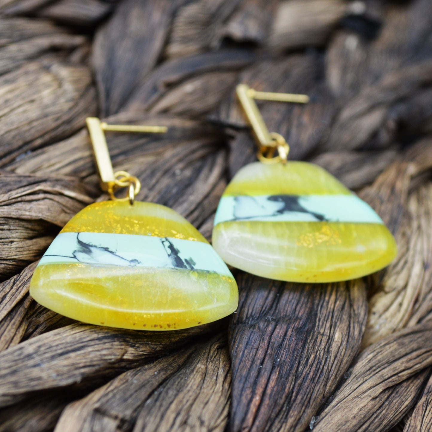 Medium Sized Mint, Gold, and Yellow Dangle Earrings