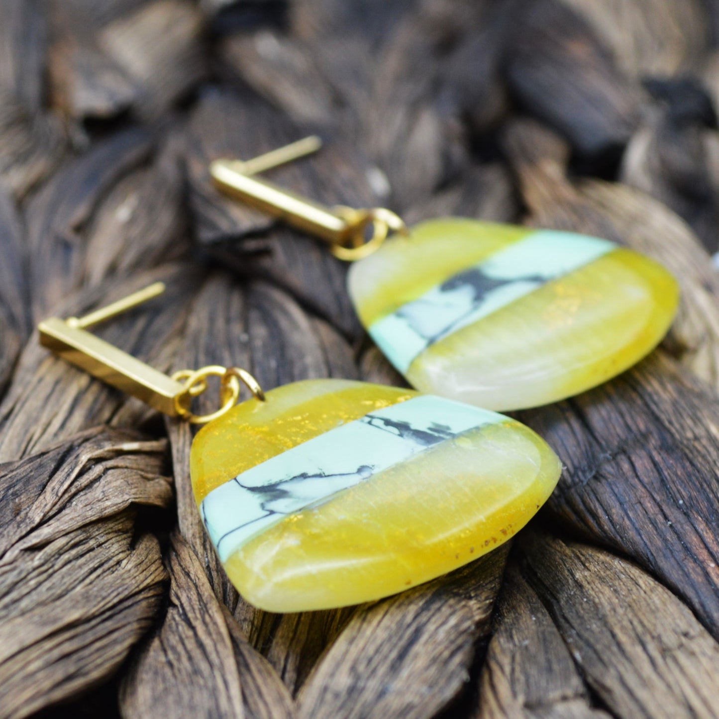 Medium Sized Mint, Gold, and Yellow Dangle Earrings