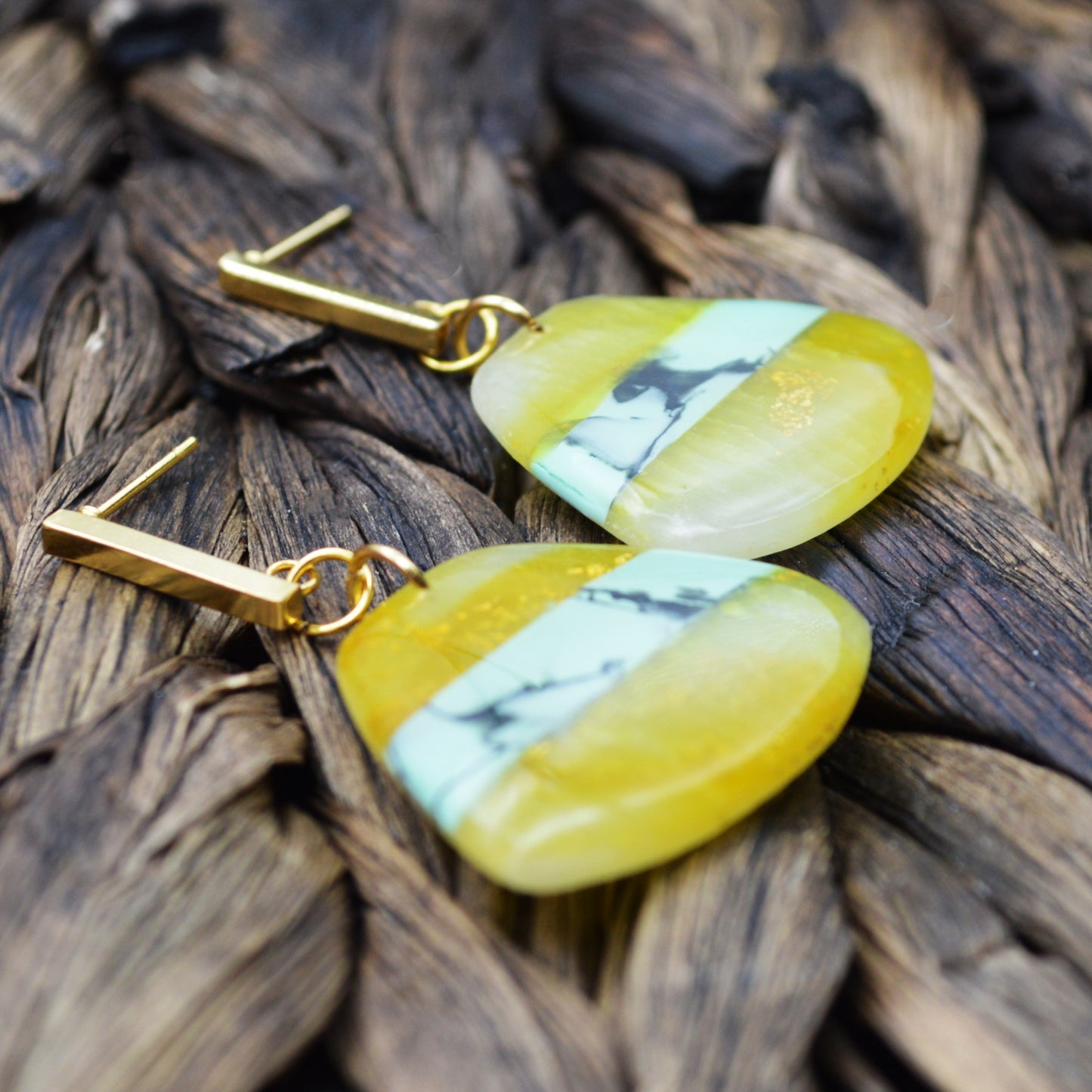 Medium Sized Mint, Gold, and Yellow Dangle Earrings