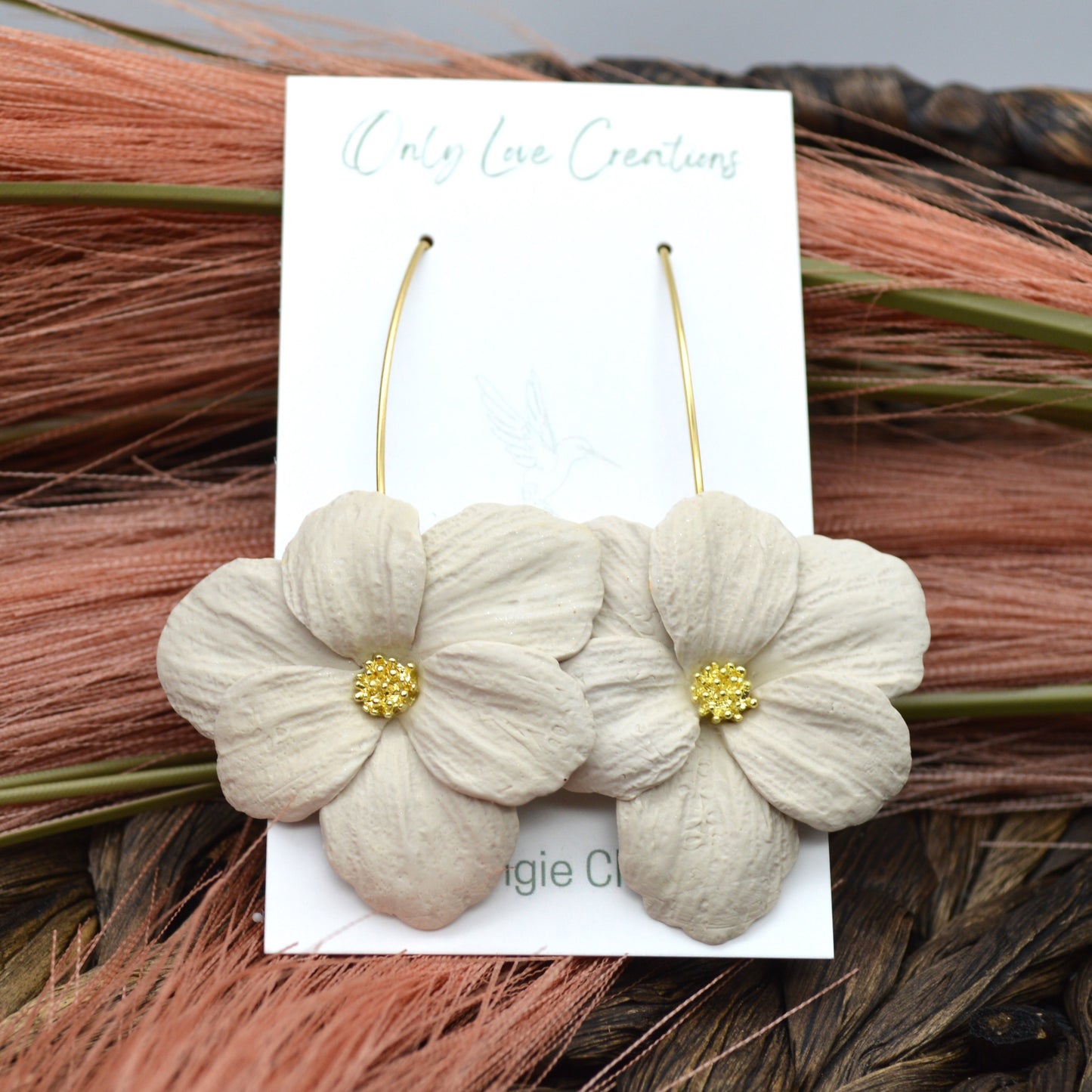 Large Ivory & Gold Flower Earrings