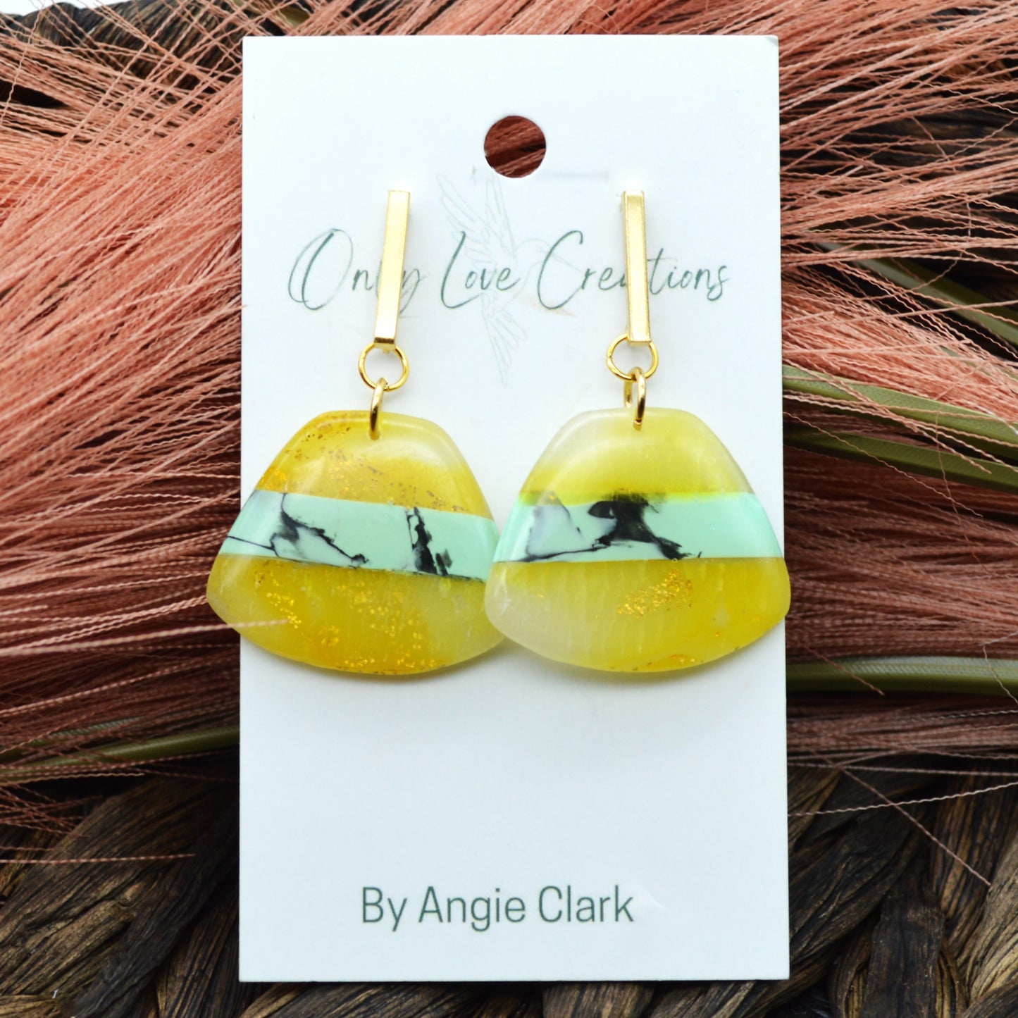 Medium Sized Mint, Gold, and Yellow Dangle Earrings