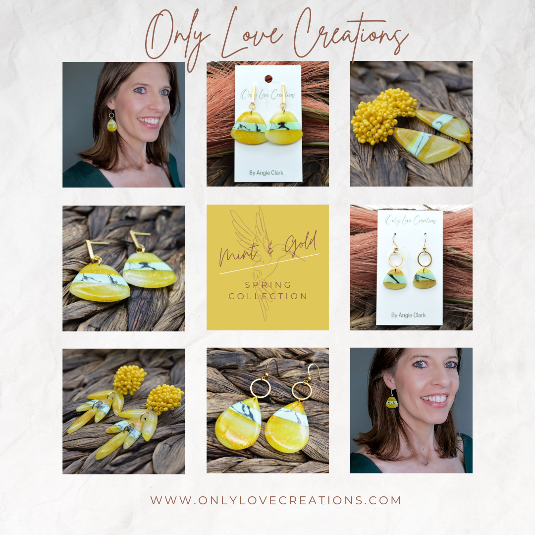 Medium Sized Mint, Gold, and Yellow Dangle Earrings