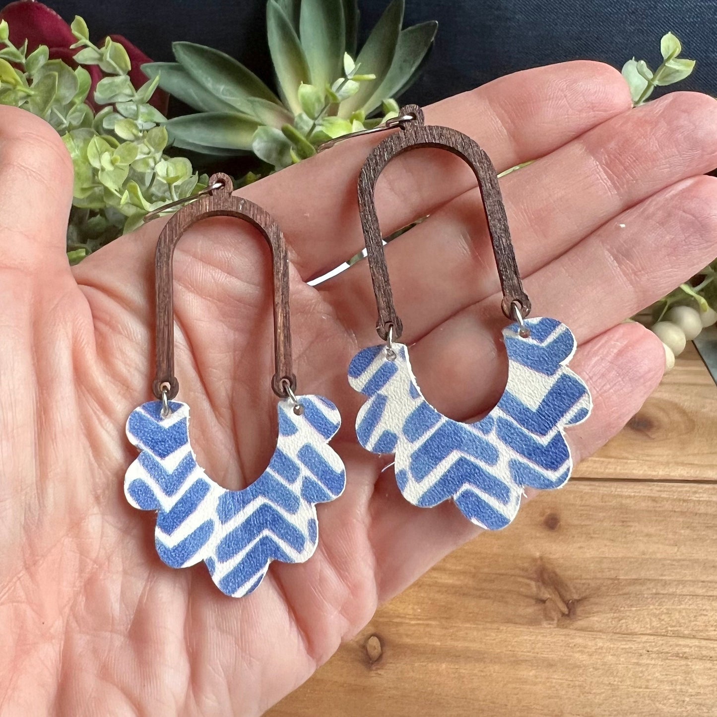 Handmade Blue and White Chevron Leather Earrings