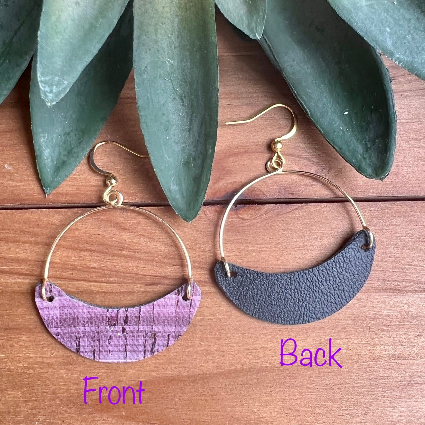 Handmade Minimalist Purple Genuine Leather & Cork Earrings, Lightweight Plaid Cork Earring, Gold Stainless Steel Arch Embellishment