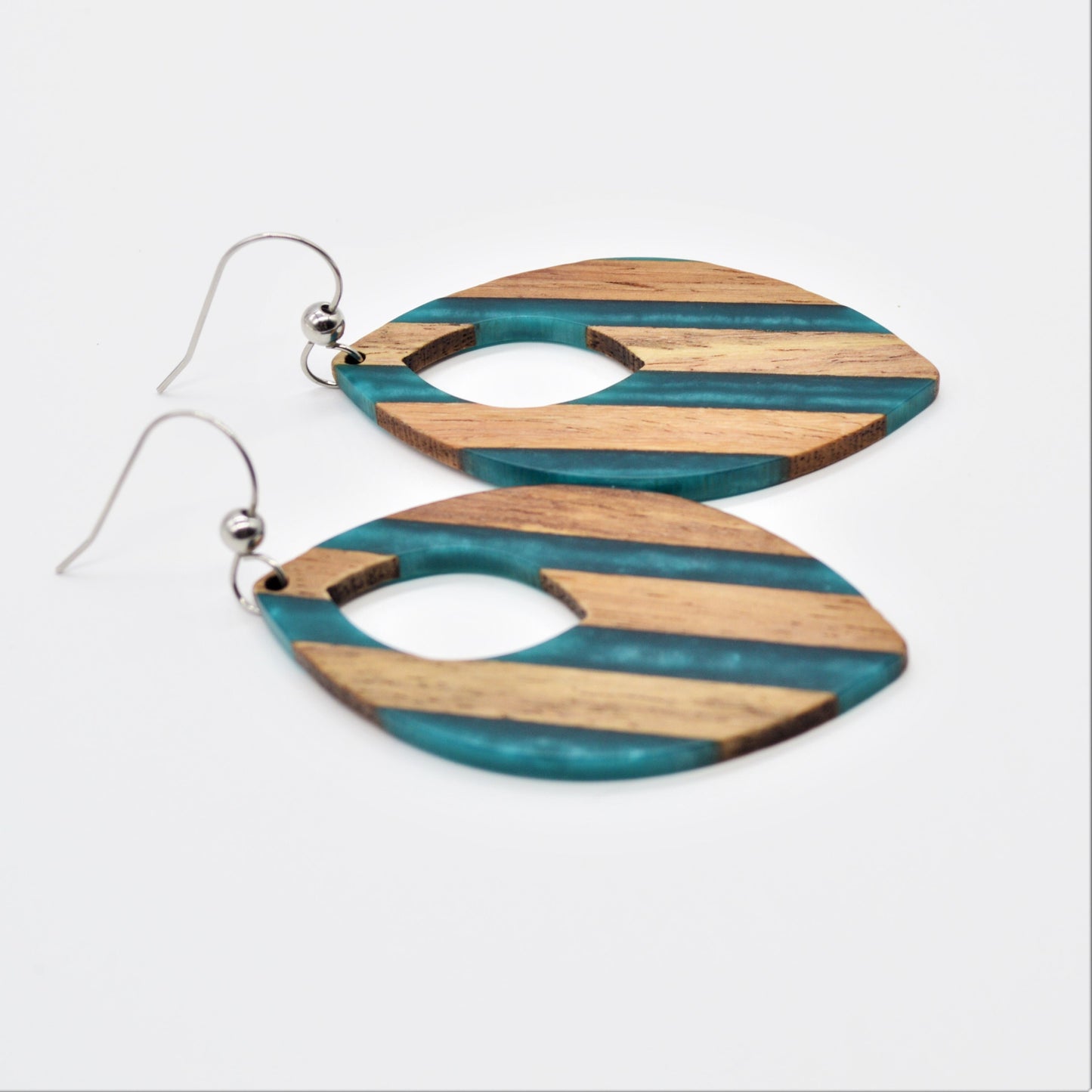 Large Teal Resin and Wood Striped Earrings with Stainless Steel Bead and Hooks