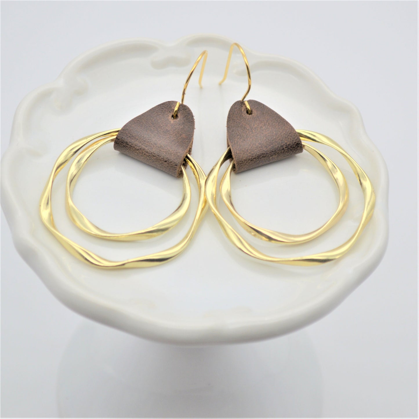 Handmade Gold or Silver Double Hoop Earrings with Genuine Brown Leather Strap