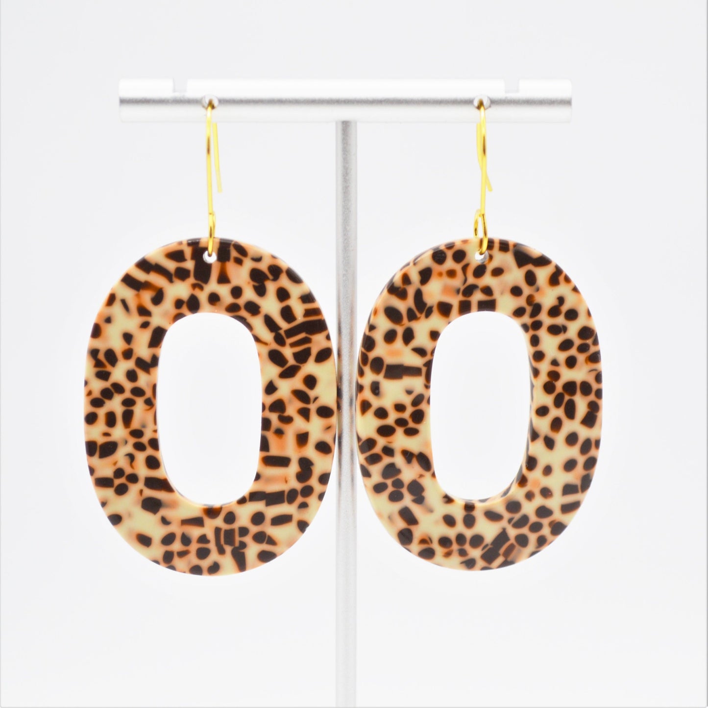 Handmade Lightweight Brown and Beige Spotted Oval Tortoiseshell Earrings with Gold Hoop Option