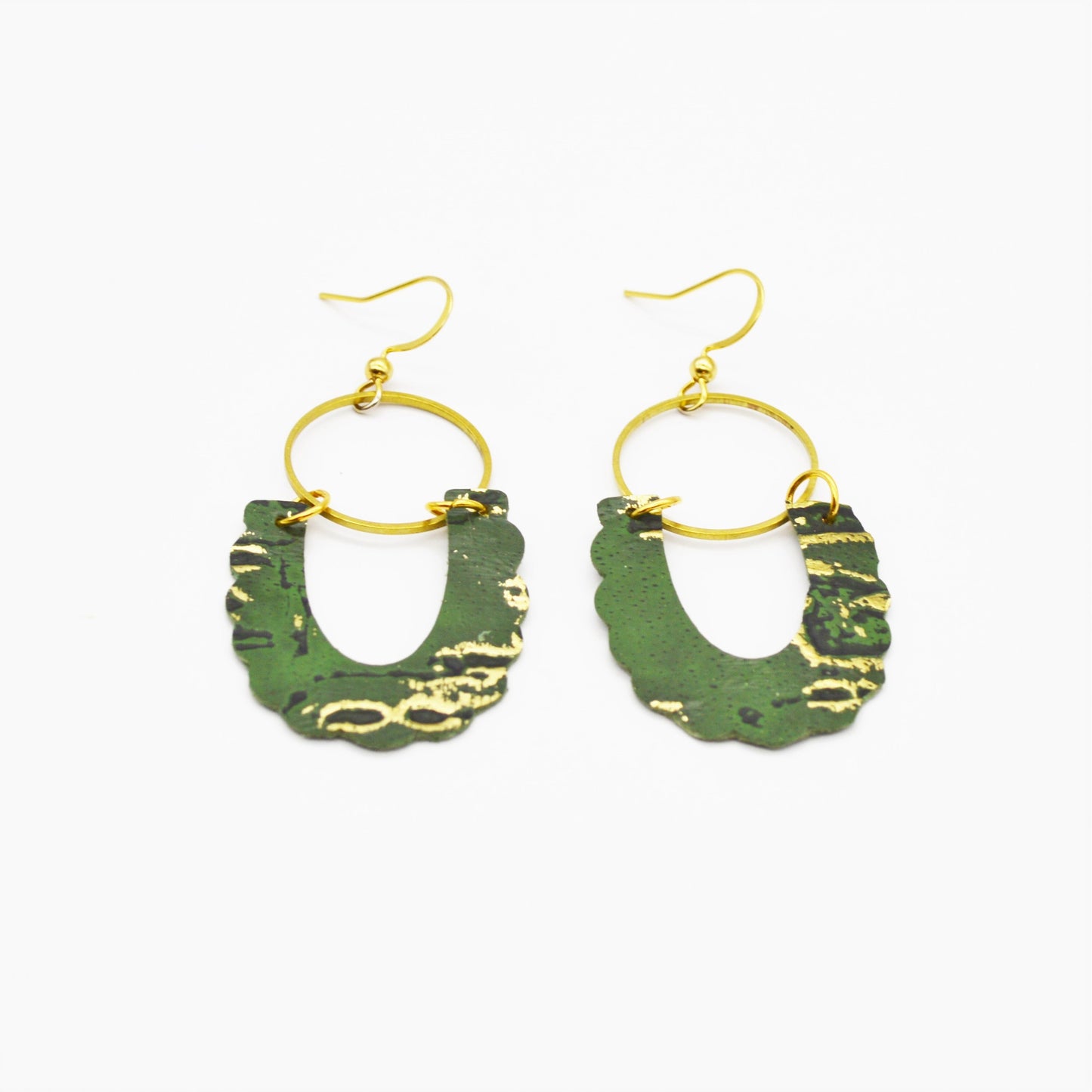 Handmade Oval Green and Gold Genuine Leather Earrings with Driftwood Print and Gold Hoop