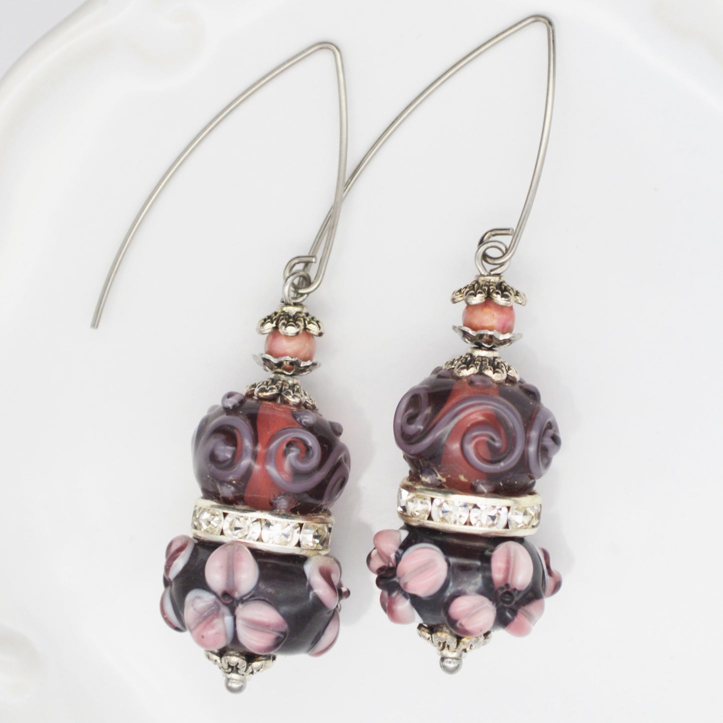 Handmade Purple and Pink Murano Glass Flower Bead Earrings, Lampwork Earring, Italian Earrings, Lamp work earrings, Murano Earrings