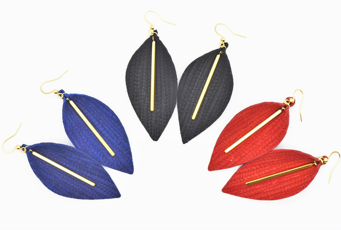 Large Genuine Leather Leaf Shaped Bar Earrings, Choice of Royal Blue, Red, or Black, Choice of Gold Bar or Silver Bar
