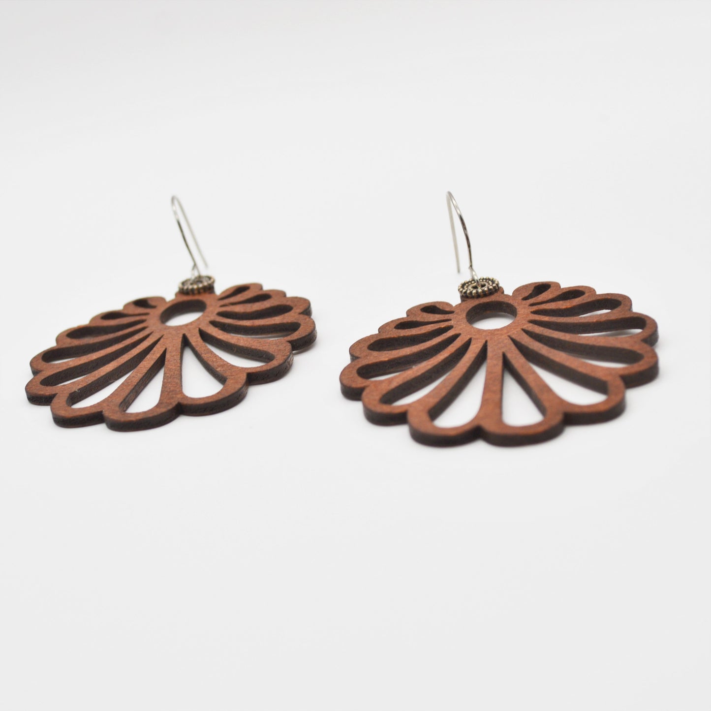 Extra Large Handmade Mahogany Boho Flower Balsa Wood Earrings with Silver Stainless Steel Earring Hooks