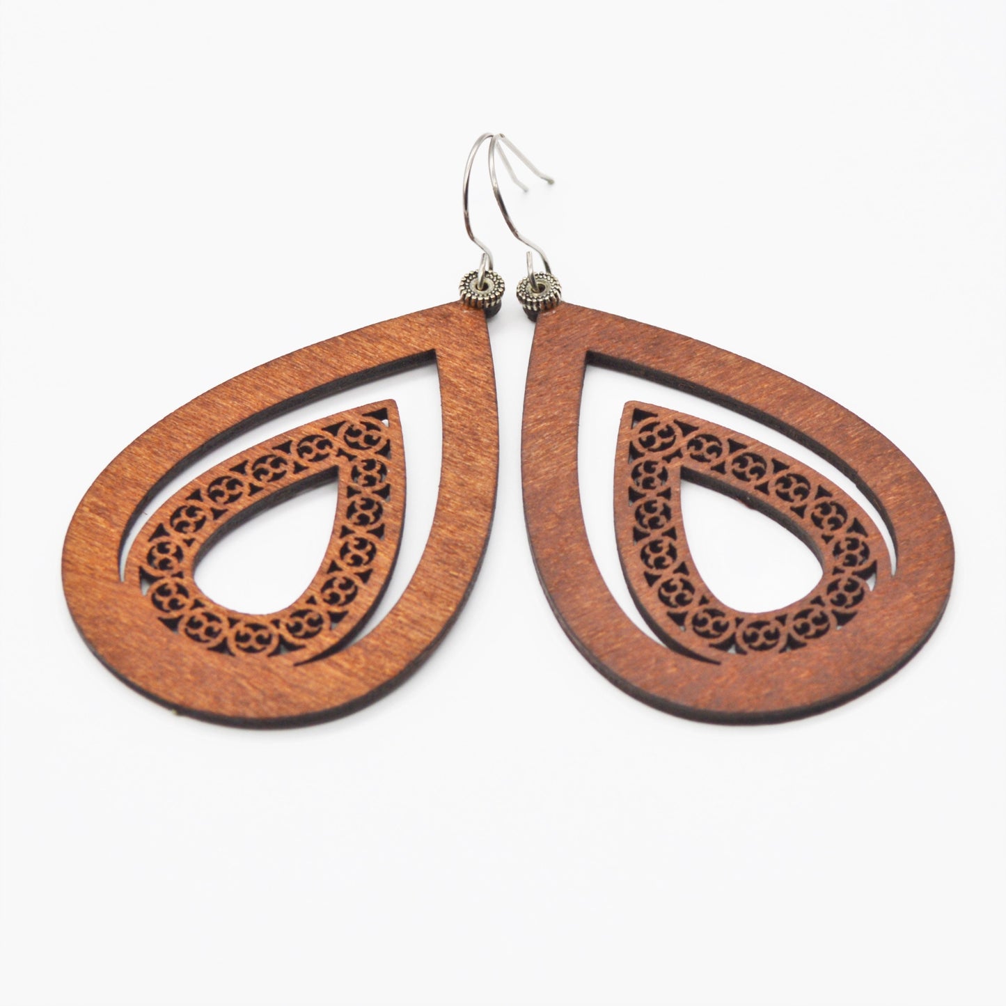 Large Handmade Mahogany Double Cut-Out Teardrop Balsa Wood Earrings