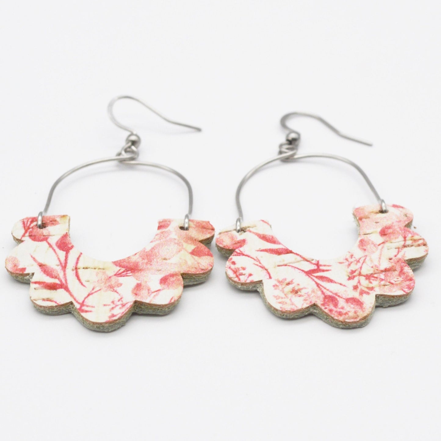 Handmade Pink Floral Cork and Leather Earrings