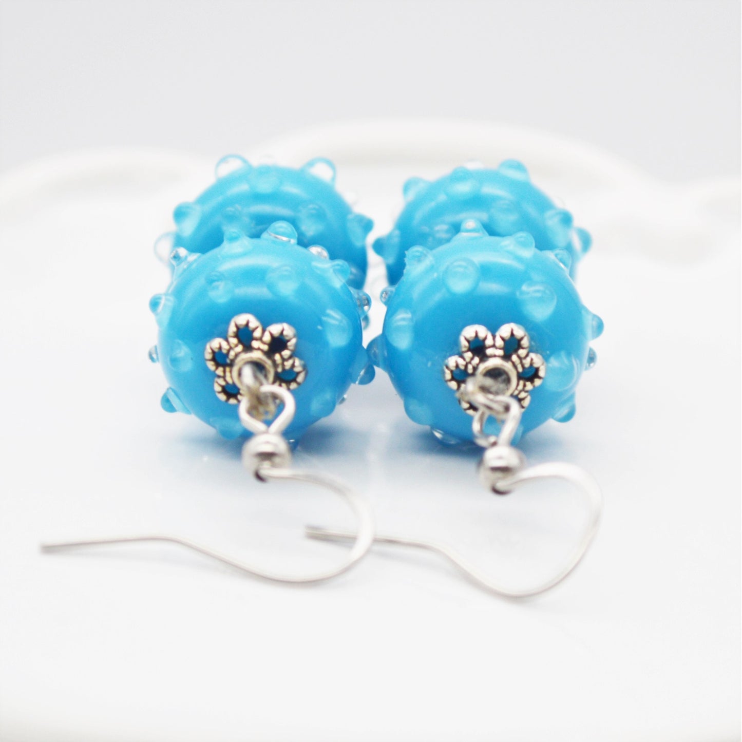 Handmade Bumpy Blue Genuine Venetian Murano Glass Lampwork Earrings, Glass Beads Created in Venice, Italy