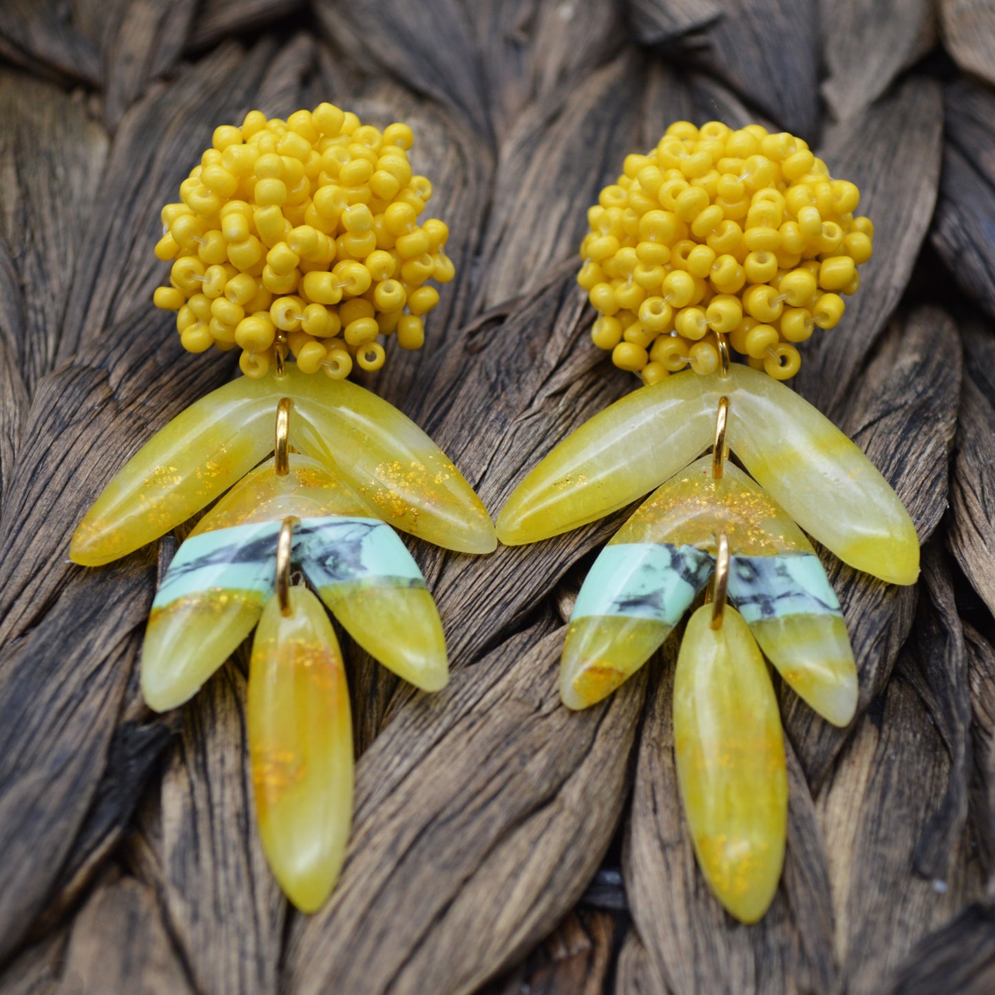 Long 3 Tiered Mint and Gold Earrings