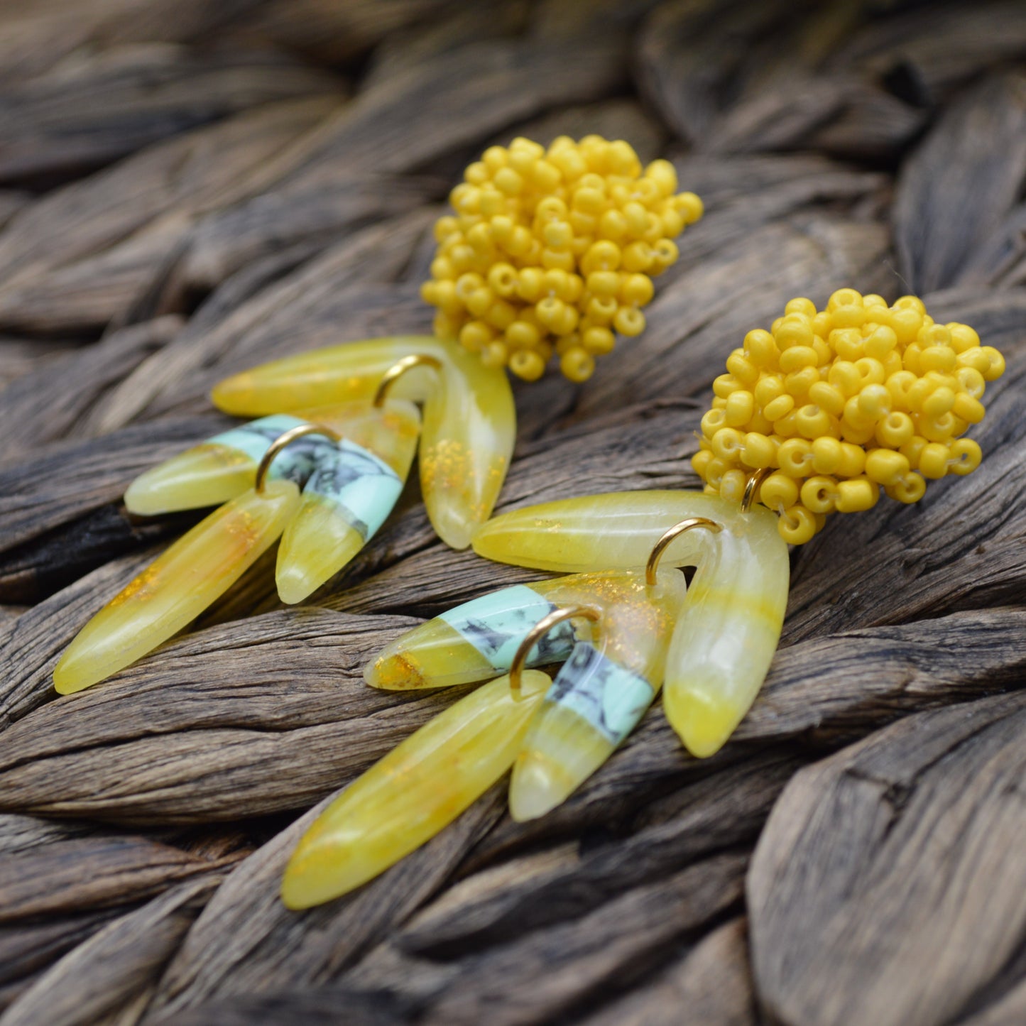 Long 3 Tiered Mint and Gold Earrings