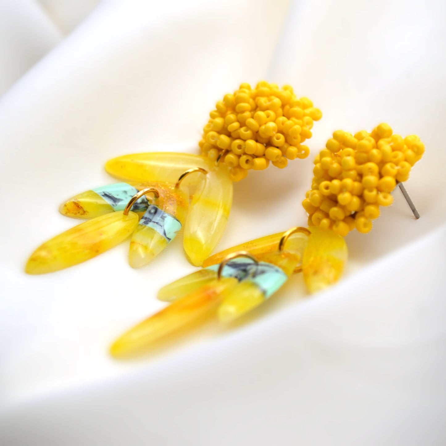 Long 3 Tiered Mint and Gold Earrings