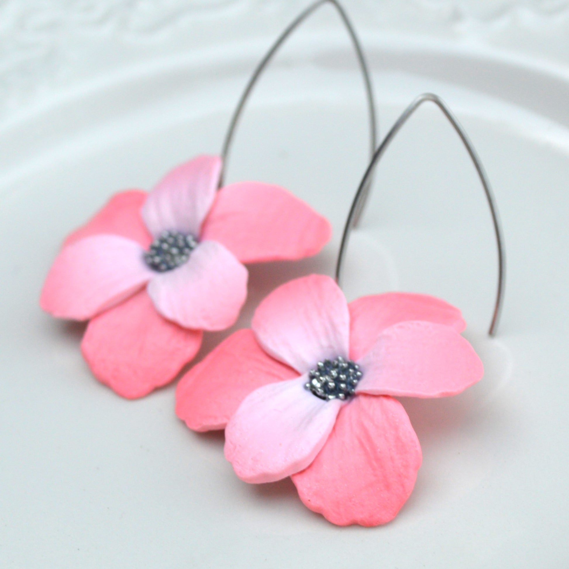 Clay Earrings Pink Floral Earrings Medium Blended Pink And Silver