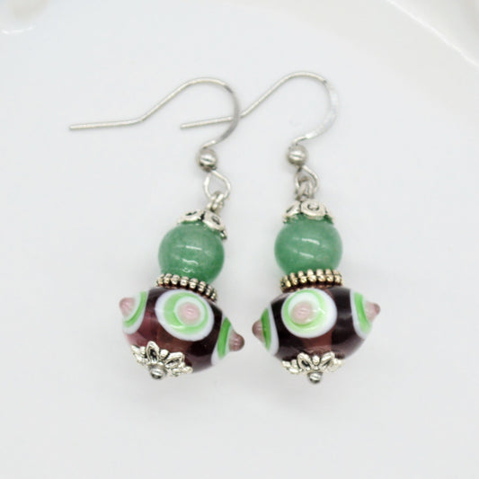 Dark Purple & Green Dot Murano Glass Lampwork Earrings,  Beads Handmade in Venice, Italy