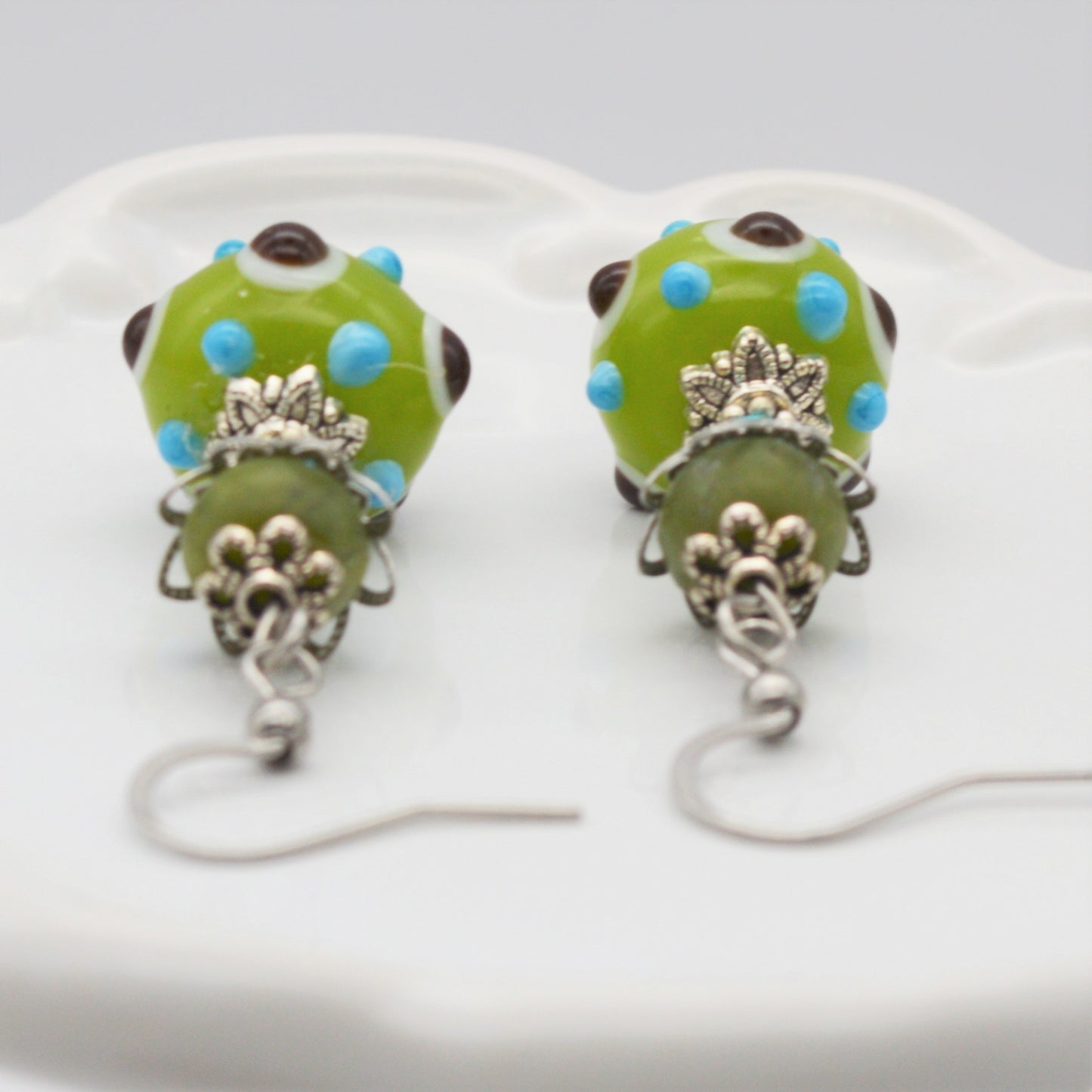 Green & Turquoise Murano Glass Earrings, Glass Beads Created in Venice,  Italy