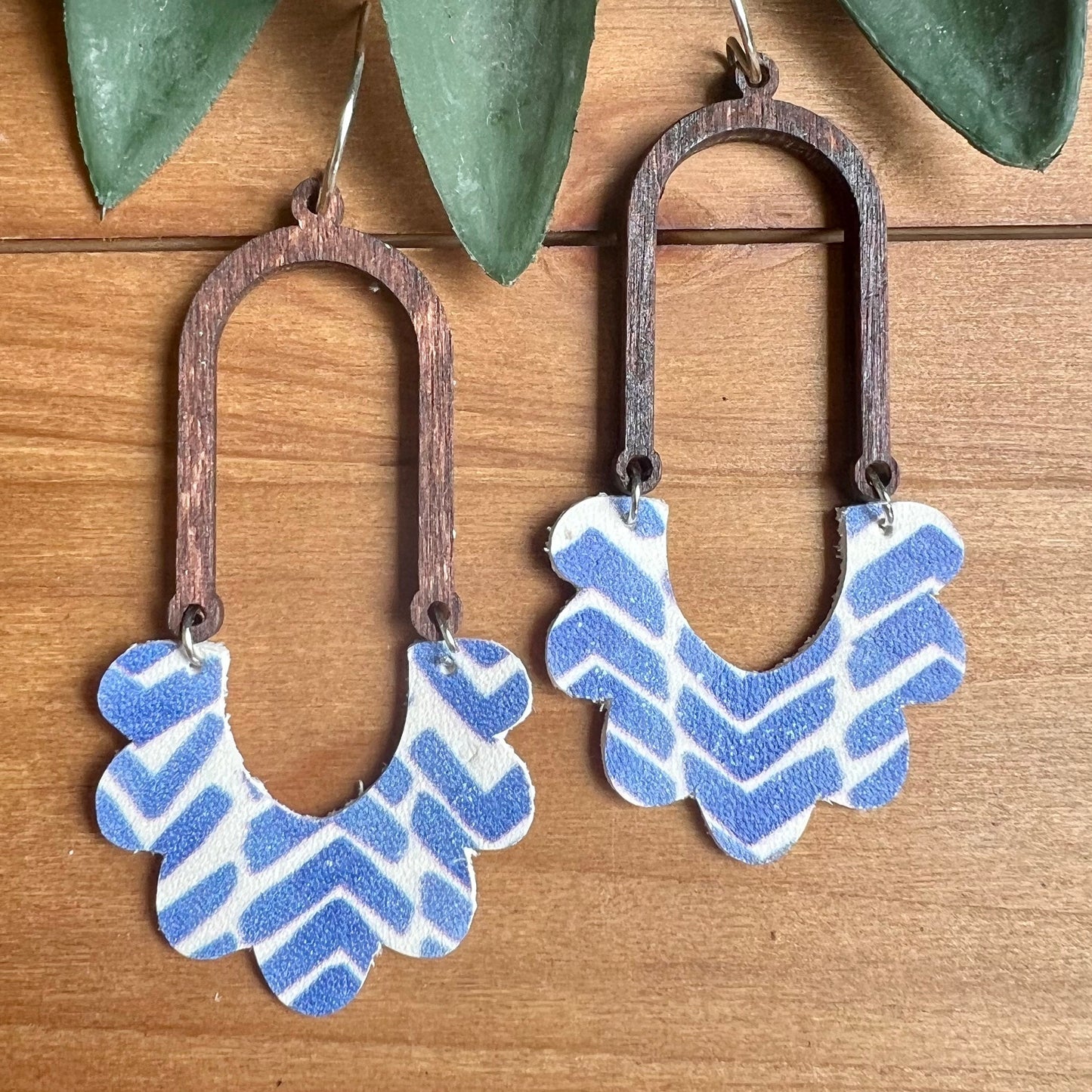 Handmade Blue and White Chevron Leather Earrings