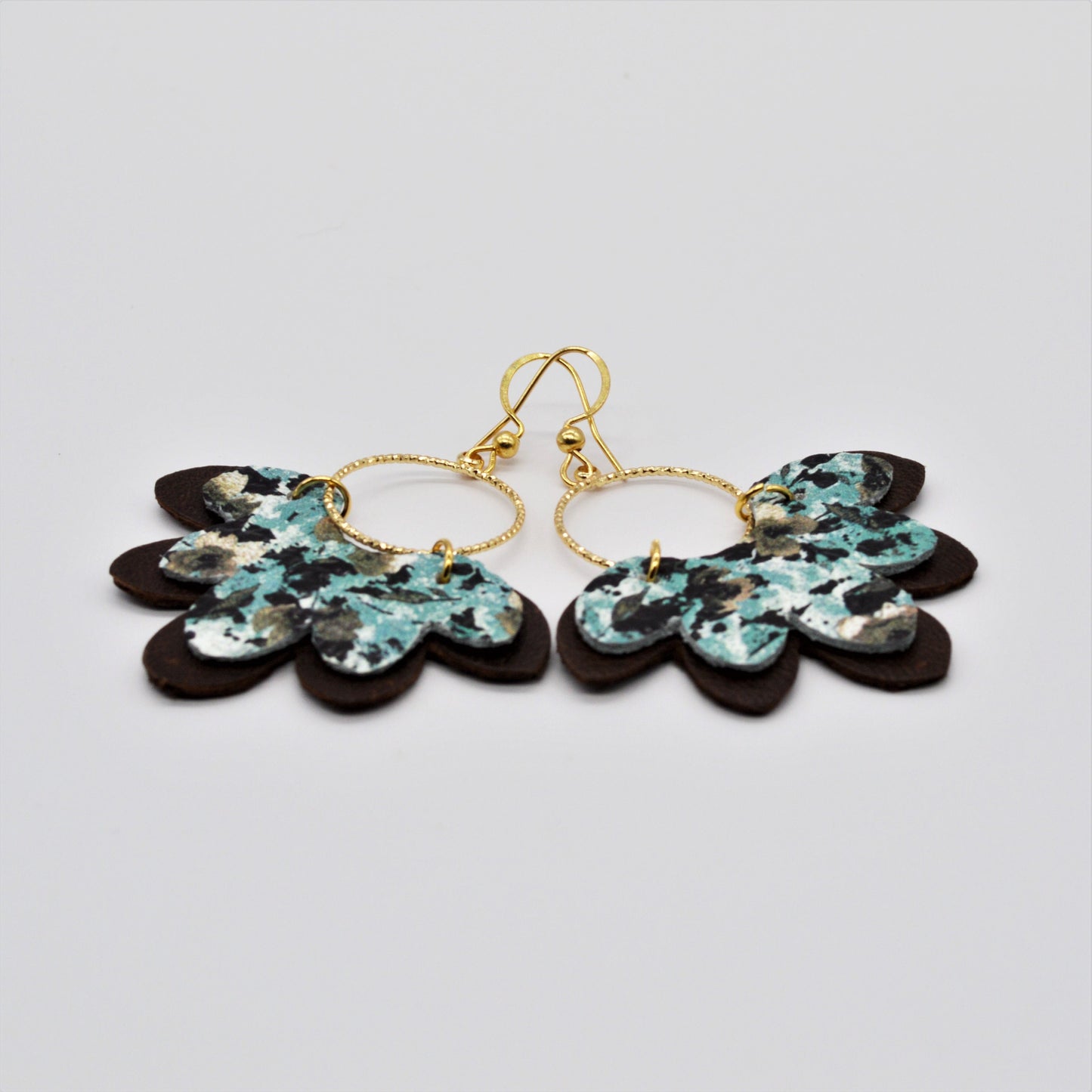 Handmade Turquoise, Brown, and Ivory Scalloped Genuine Leather Earrings with Gold Circle Connector