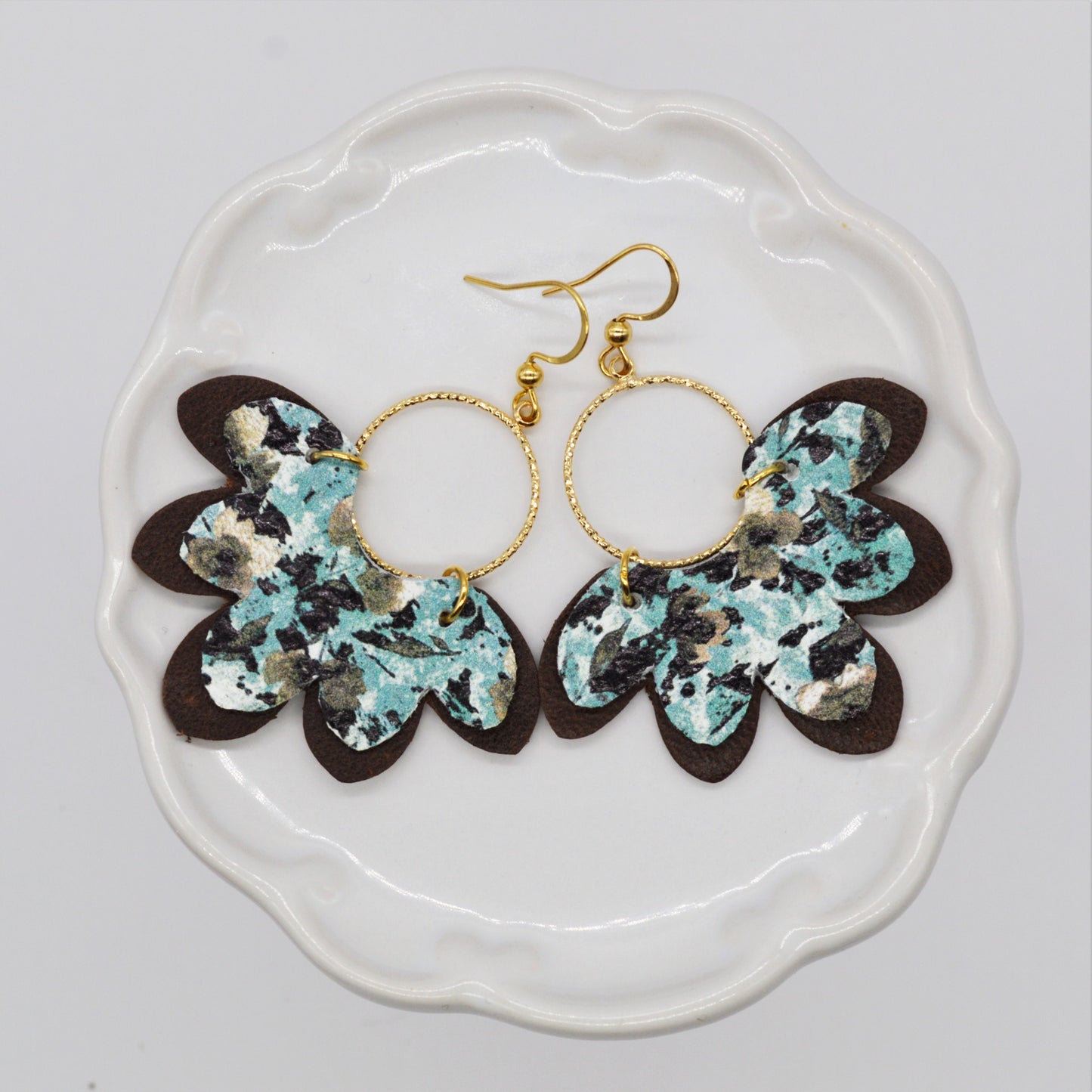 Handmade Turquoise, Brown, and Ivory Scalloped Genuine Leather Earrings with Gold Circle Connector