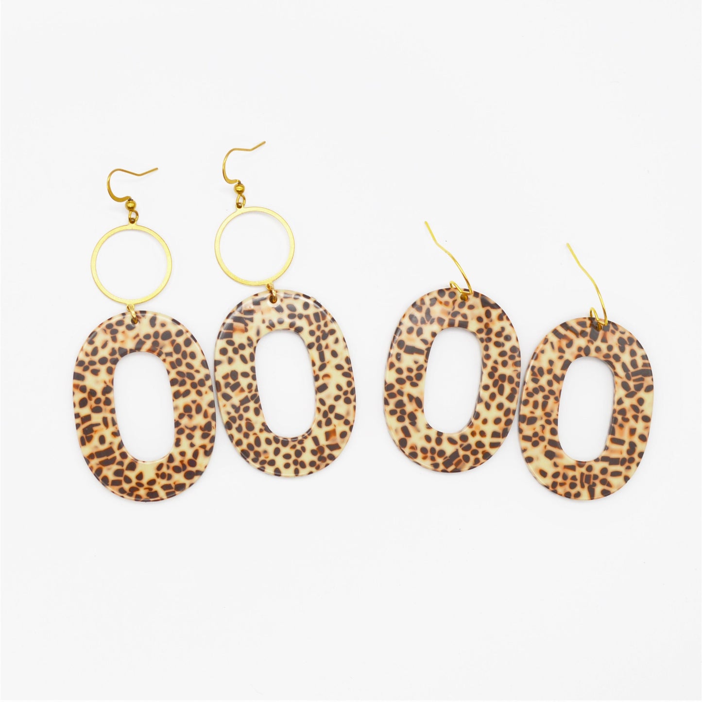 Handmade Lightweight Brown and Beige Spotted Oval Tortoiseshell Earrings with Gold Hoop Option