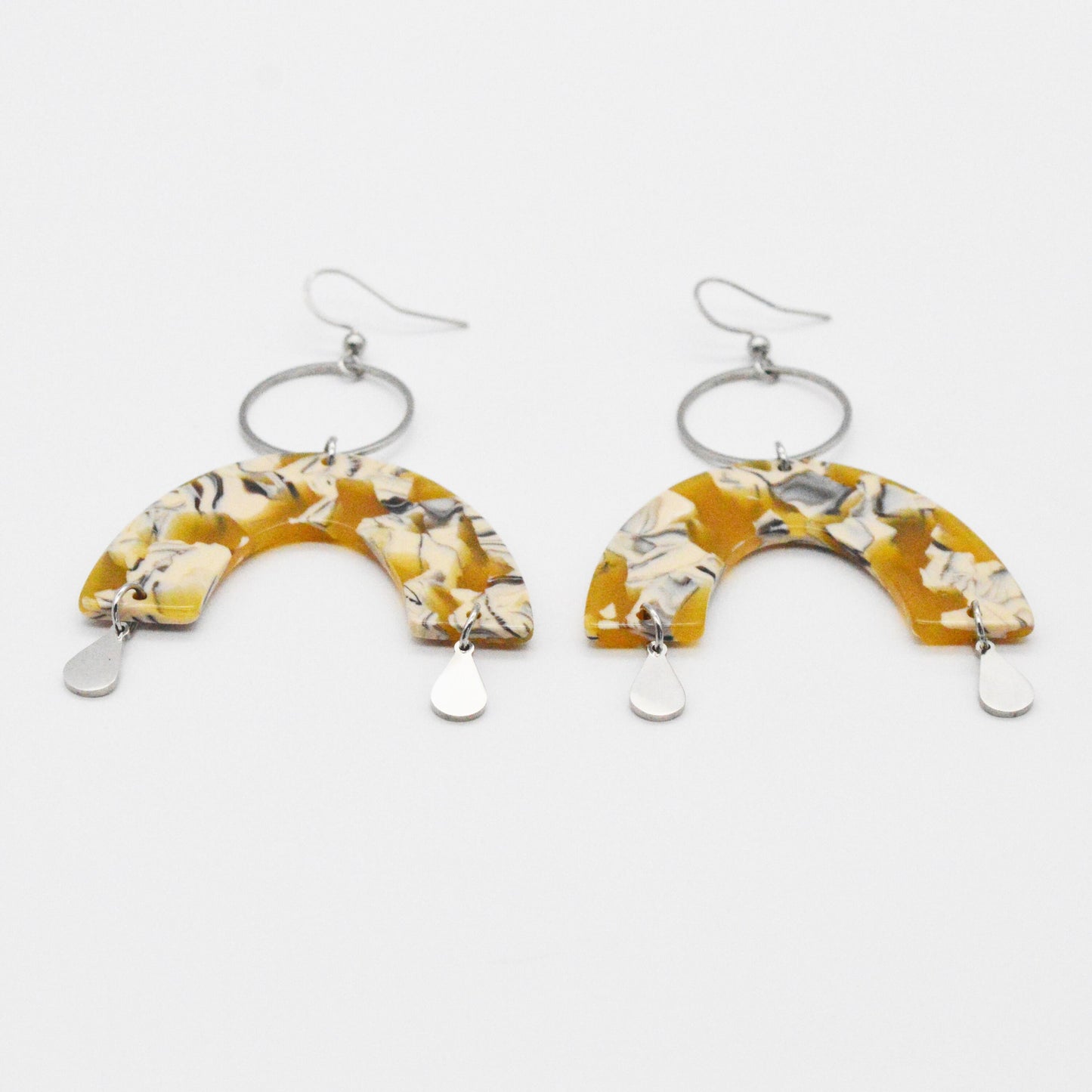 Handmade Yellow Arch Earrings with Black and Ivory Design, Stainless Steel Teardrop and Hoop