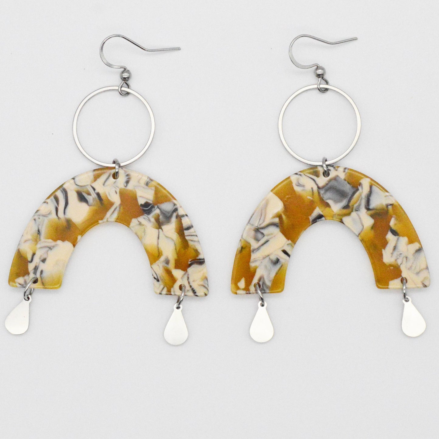 Handmade Yellow Arch Earrings with Black and Ivory Design, Stainless Steel Teardrop and Hoop