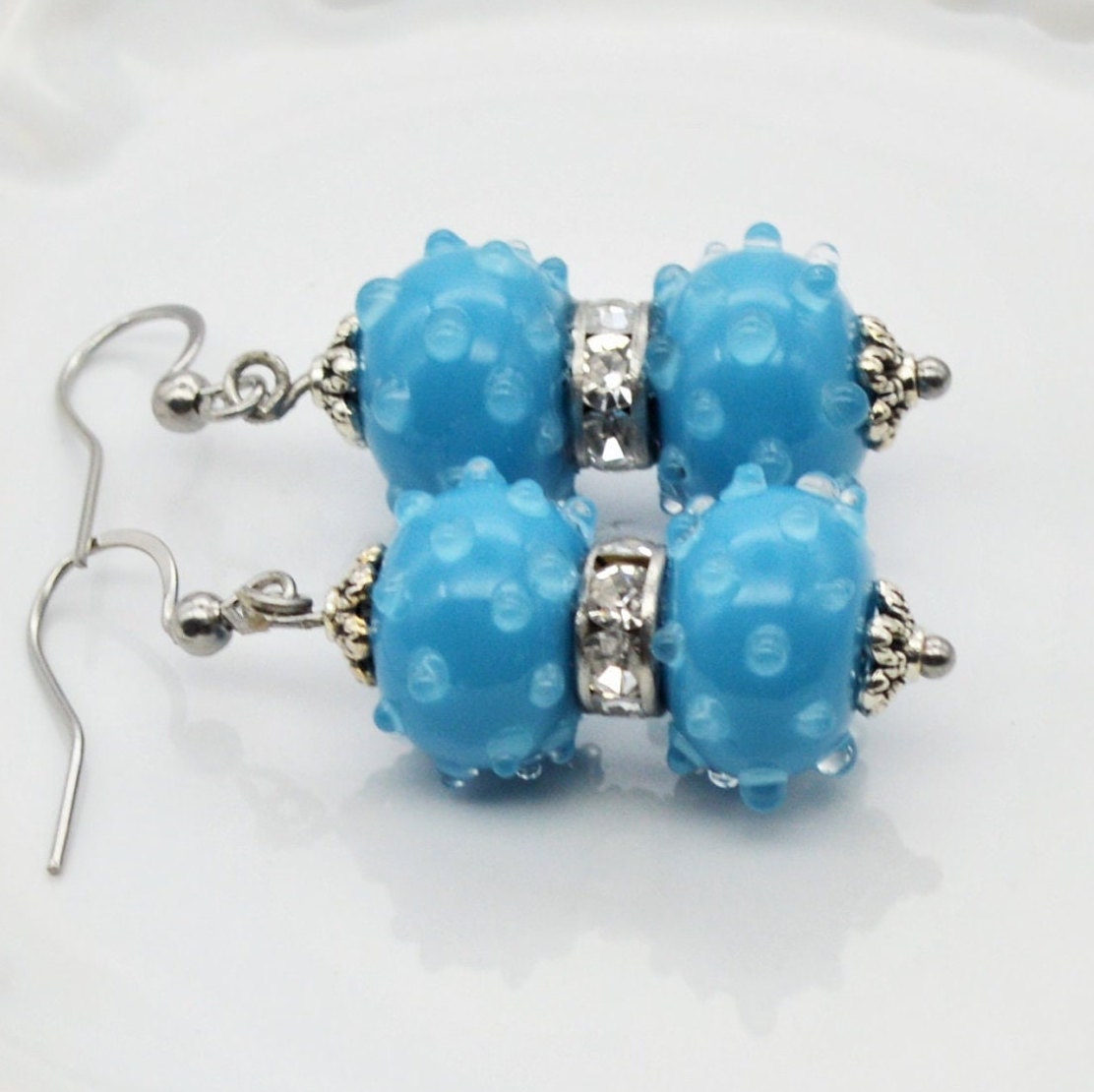 Handmade Bumpy Blue Genuine Venetian Murano Glass Lampwork Earrings, Glass Beads Created in Venice, Italy