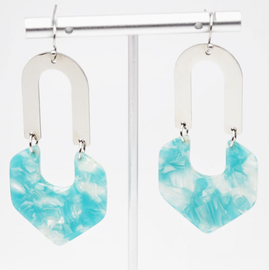 Turquoise Tortoiseshell Pattern Long Dangle Earrings