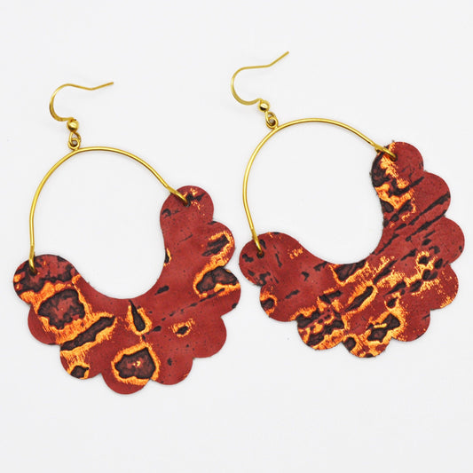 Large Red Scalloped Leather Earring,  Red Driftwood Print Leather with Gold Arch Earrings, Red and Black Leather Earrings