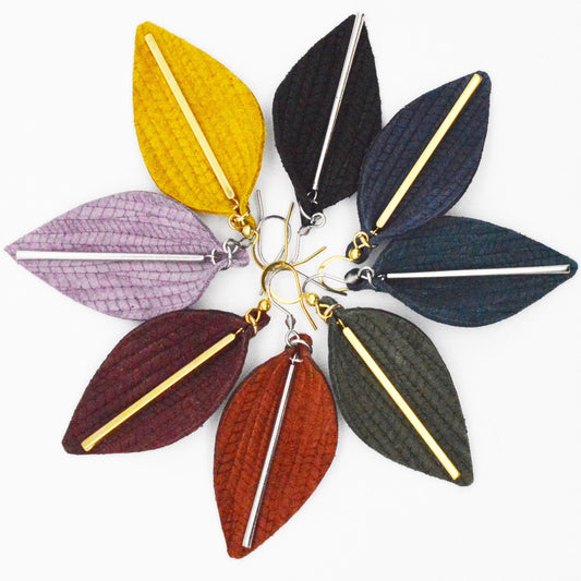 Handmade Genuine Leather Leaf-Shaped Bar Earrings, Multiple Color Choices