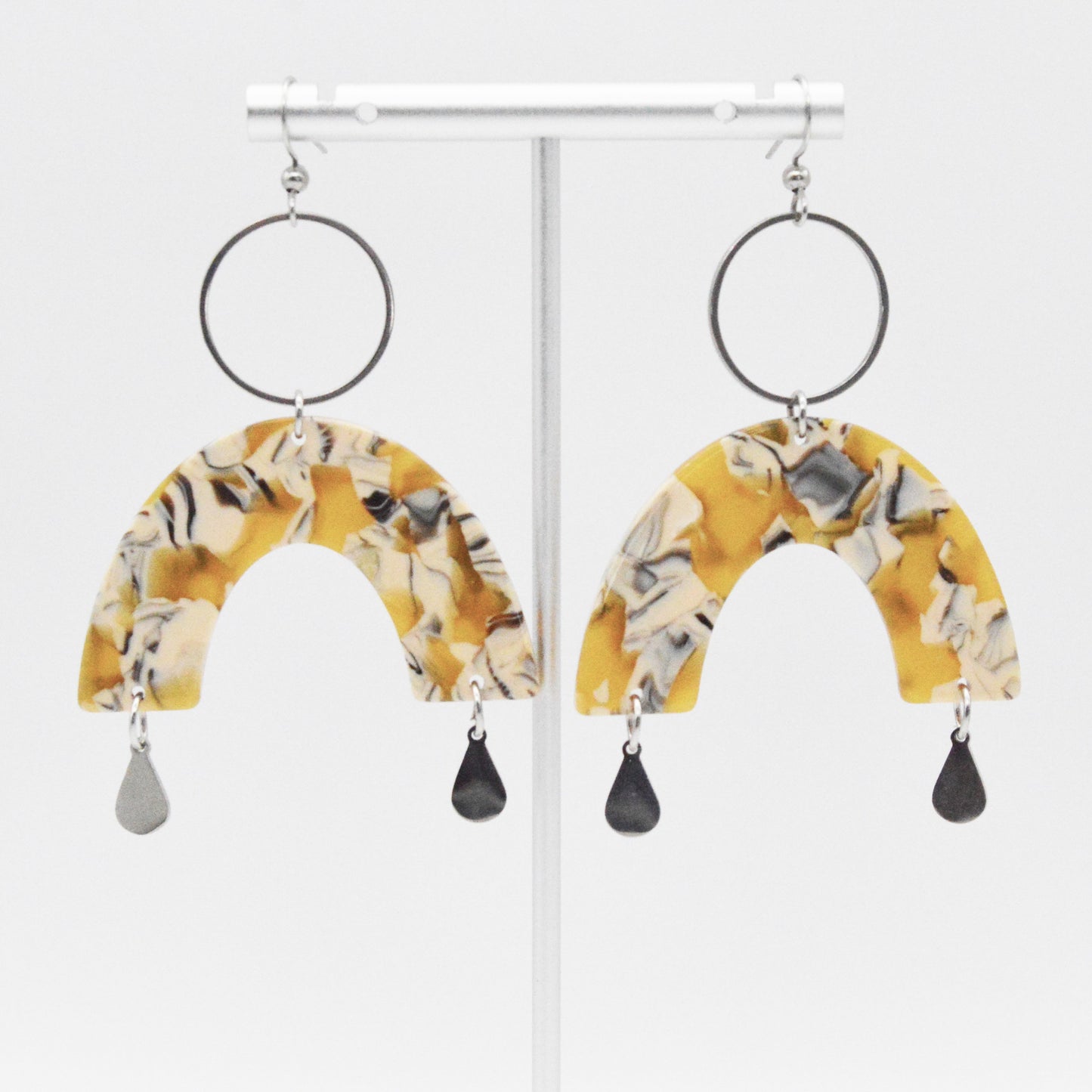 Handmade Yellow Arch Earrings with Black and Ivory Design, Stainless Steel Teardrop and Hoop