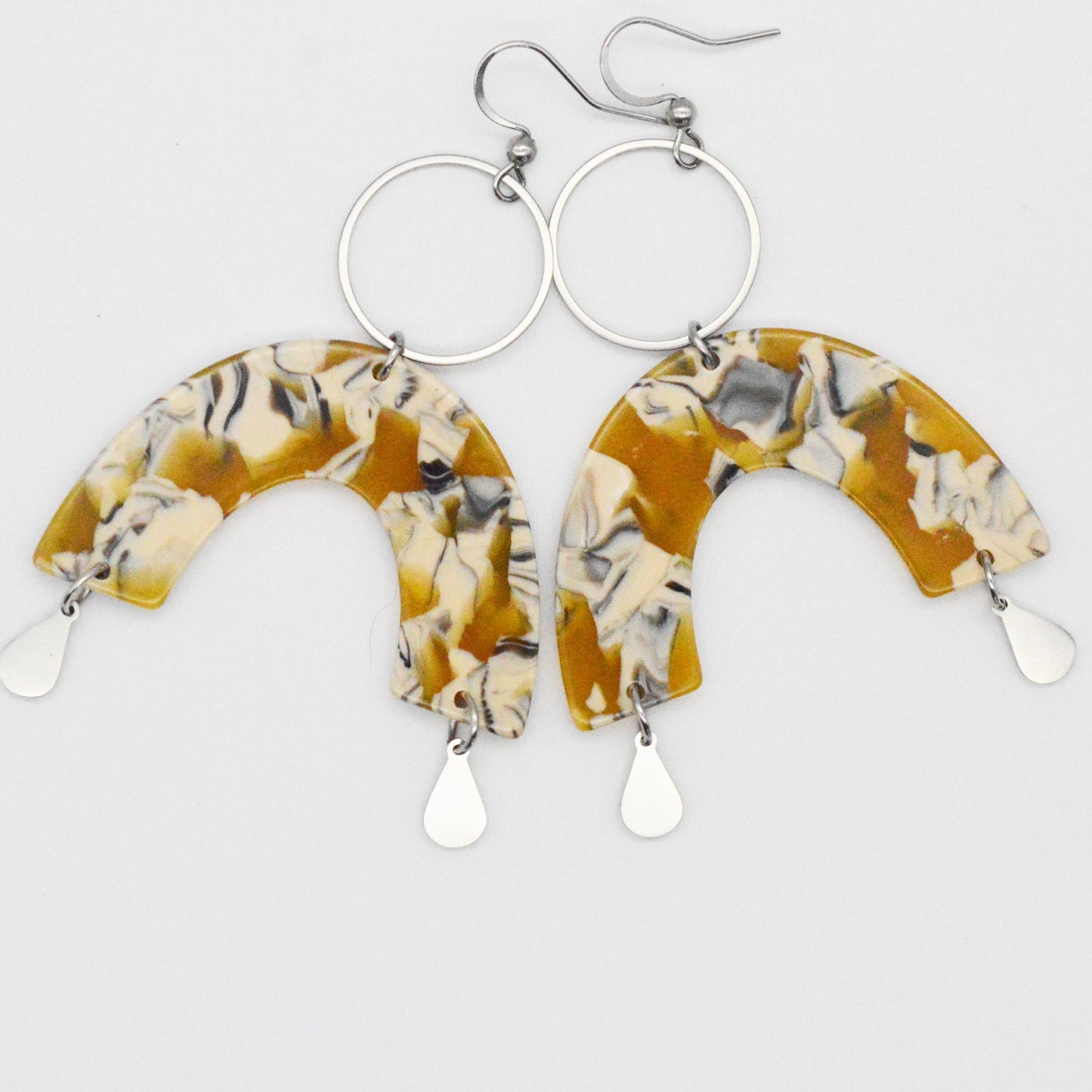 Handmade Yellow Arch Earrings with Black and Ivory Design, Stainless Steel Teardrop and Hoop