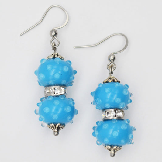 Handmade Bumpy Blue Genuine Venetian Murano Glass Lampwork Earrings, Glass Beads Created in Venice, Italy