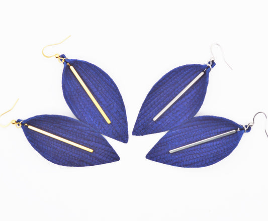 Large Genuine Leather Leaf Shaped Bar Earrings, Choice of Royal Blue, Red, or Black, Choice of Gold Bar or Silver Bar