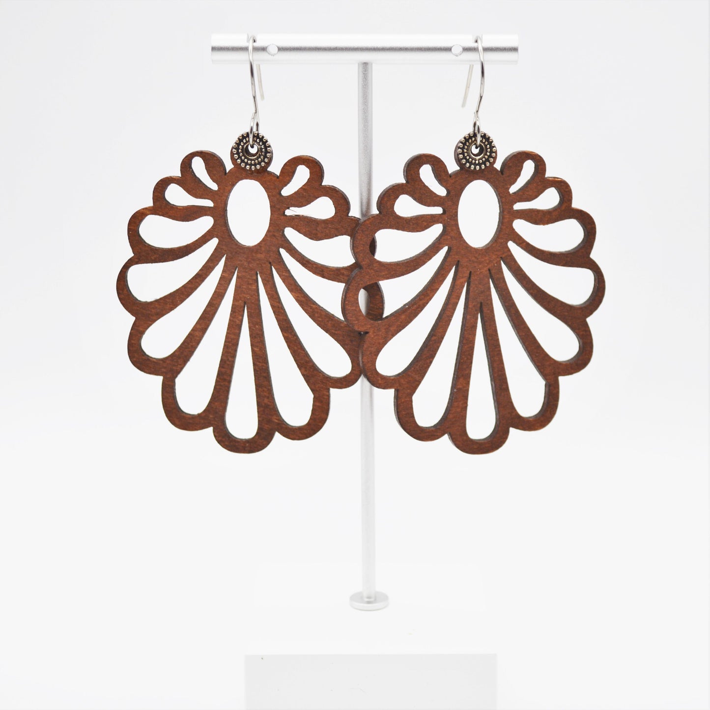 Extra Large Handmade Mahogany Boho Flower Balsa Wood Earrings with Silver Stainless Steel Earring Hooks