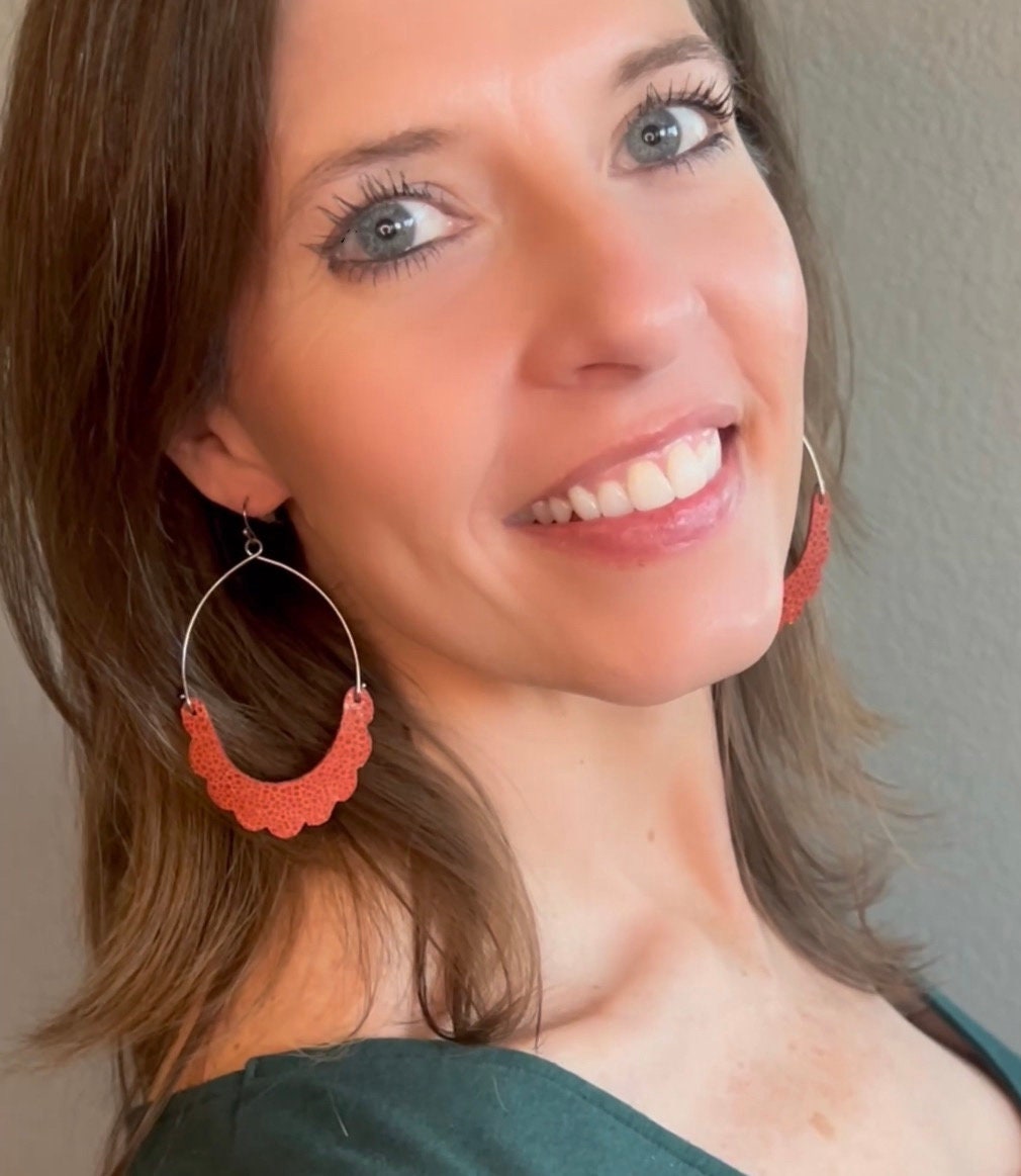 Handmade Large Minimalist Dark Salmon Pink Leather Arch Earrings