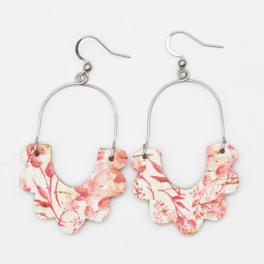 Handmade Pink Floral Cork and Leather Earrings
