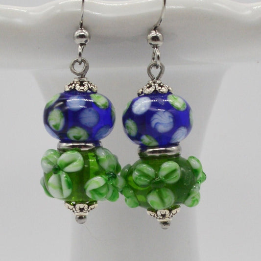 Royal Blue & Green Flower Murano Glass Earrings - Beads Handmade in Venice, Italy