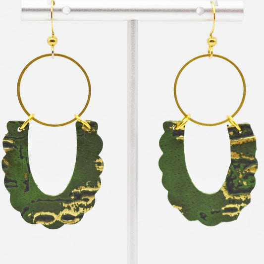 Handmade Oval Green and Gold Genuine Leather Earrings with Driftwood Print and Gold Hoop