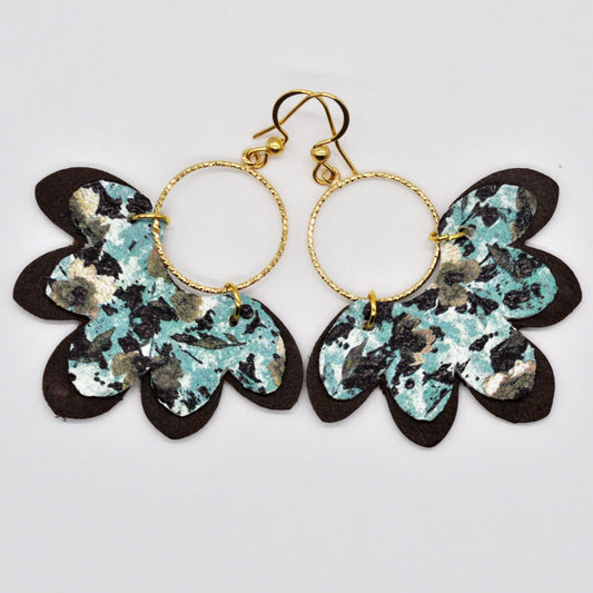 Handmade Turquoise, Brown, and Ivory Scalloped Genuine Leather Earrings with Gold Circle Connector