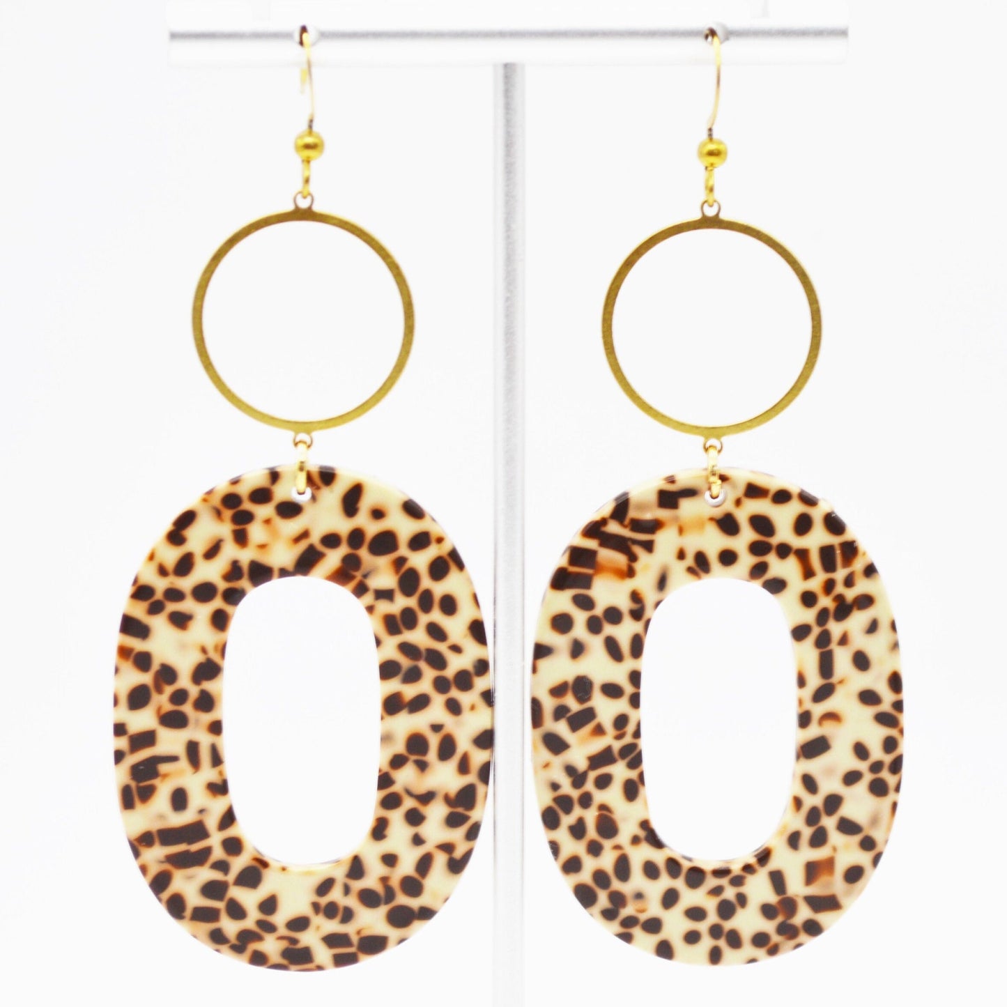 Handmade Lightweight Brown and Beige Spotted Oval Tortoiseshell Earrings with Gold Hoop Option