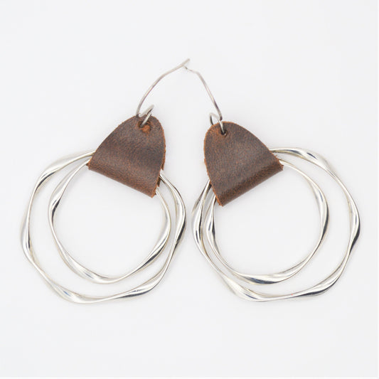 Handmade Gold or Silver Double Hoop Earrings with Genuine Brown Leather Strap